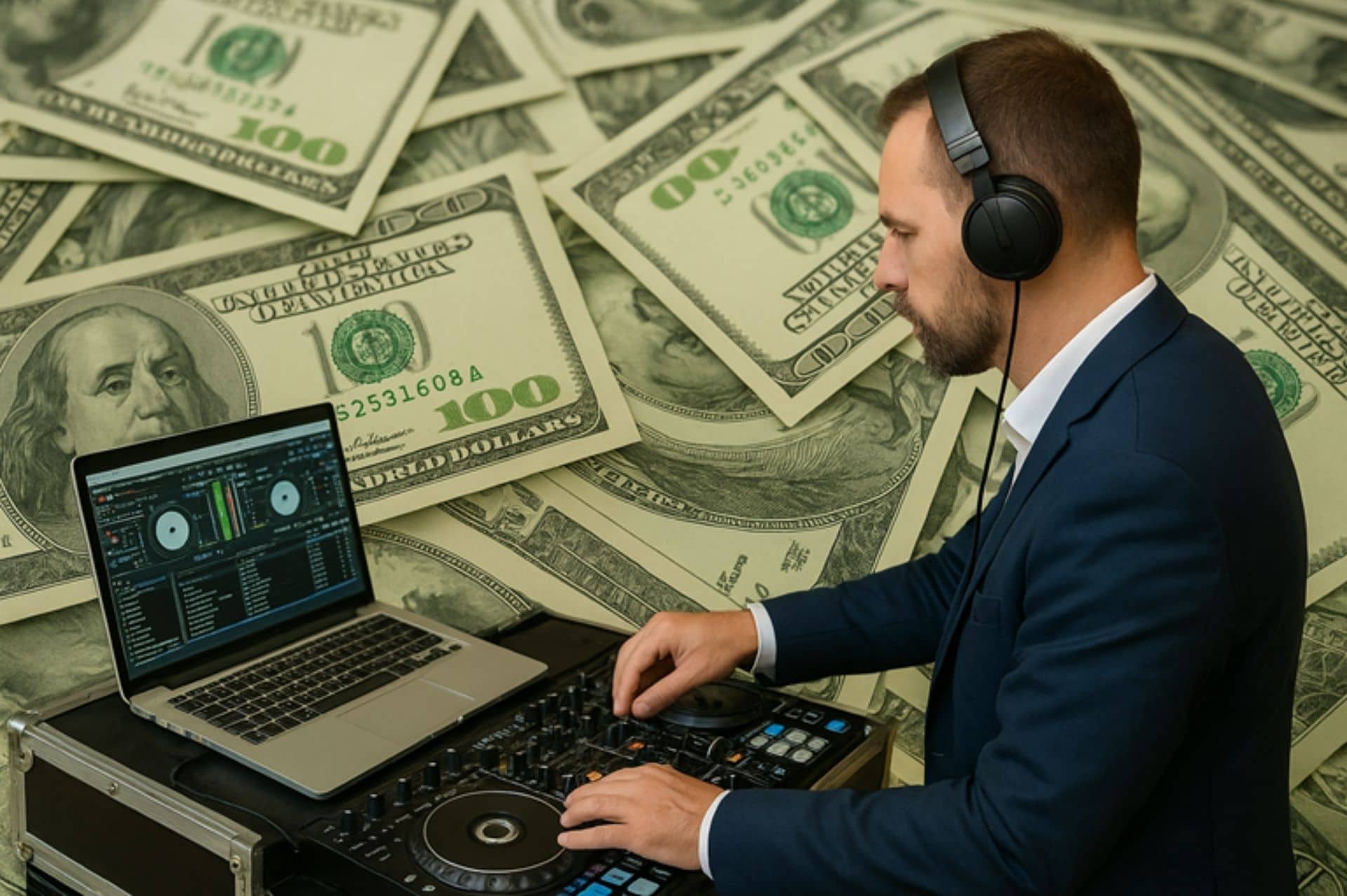 DJ mit Geld im Hintergrund als Sinnbild fuer das Thema Hochzeits DJ Kosten